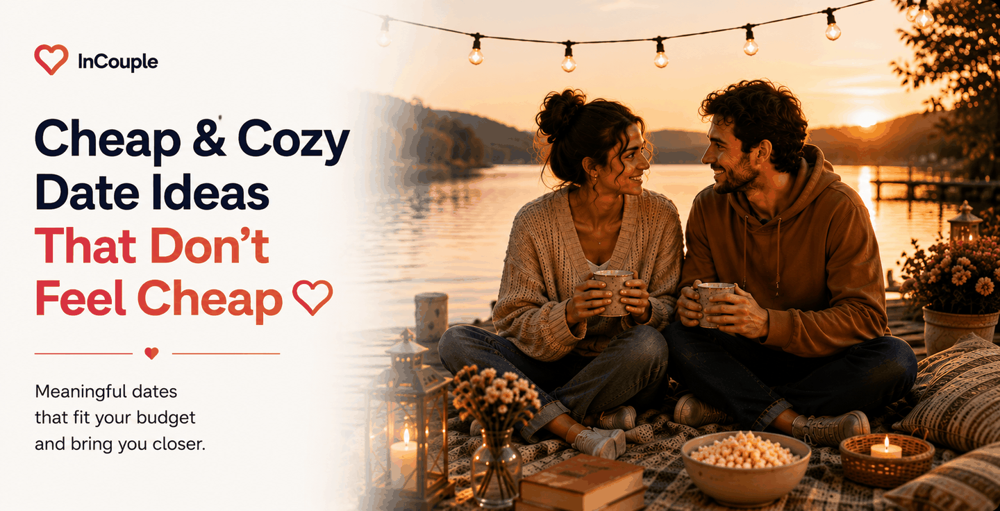 Couple enjoying a cozy thoughtful date at home on a small budget