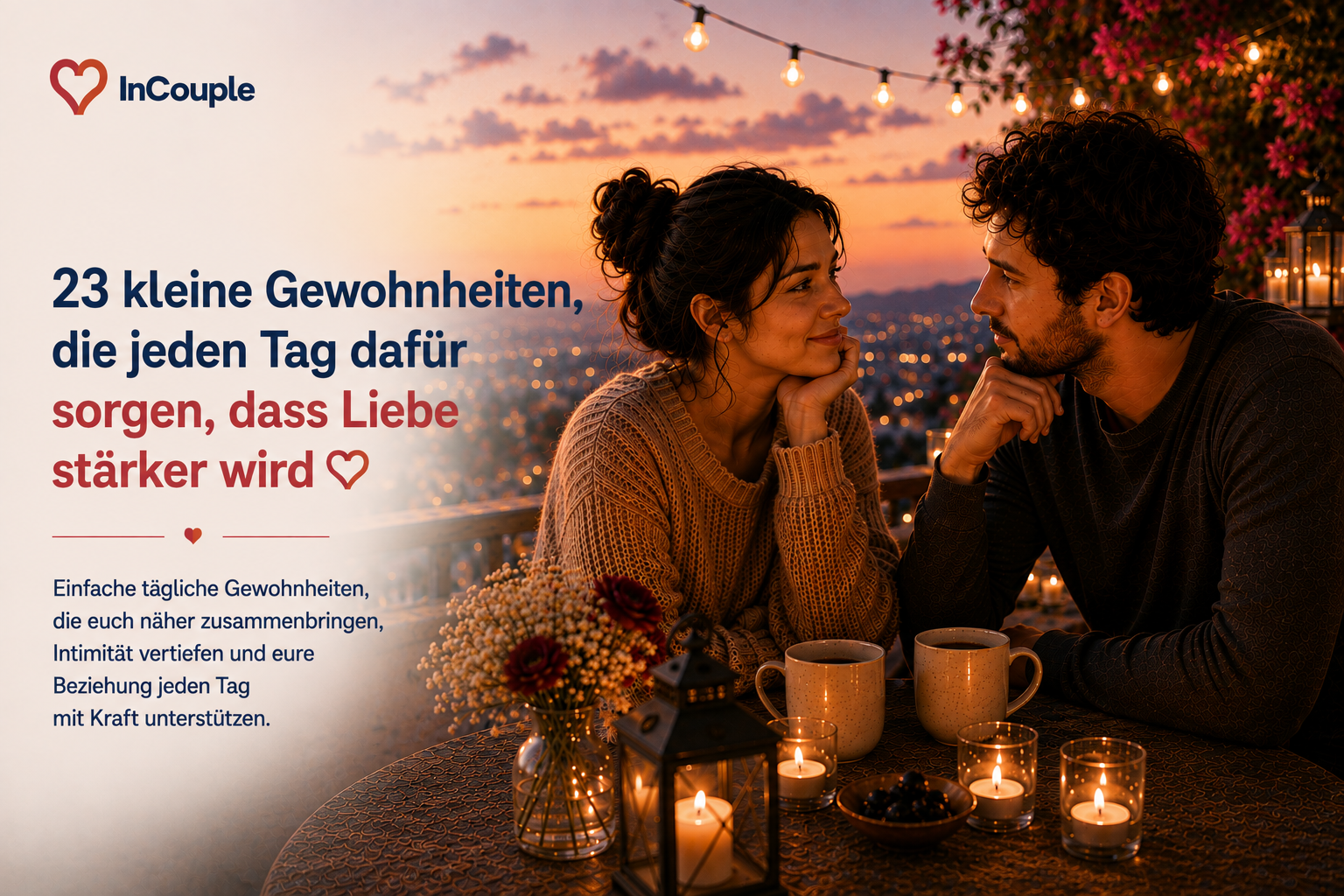 Paar zeigt im Alltag Zuneigung durch Worte, Zeit, Hilfe, Berührung und ein kleines Geschenk