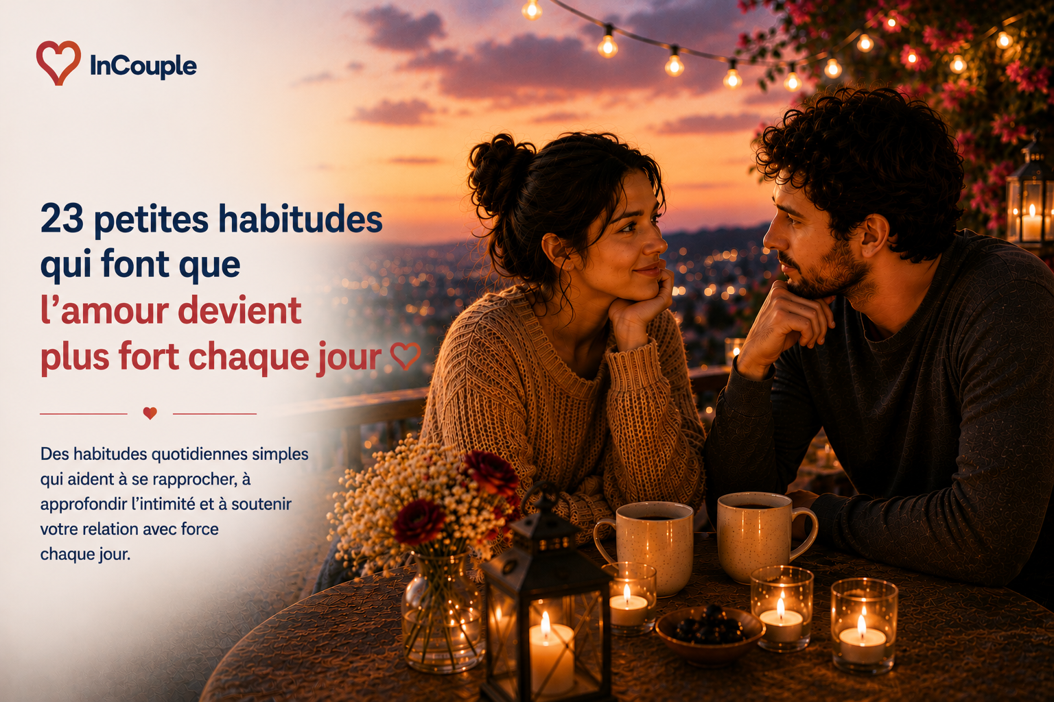 Couple exprimant son affection au quotidien par les mots, le temps, l’aide, le toucher et un petit cadeau