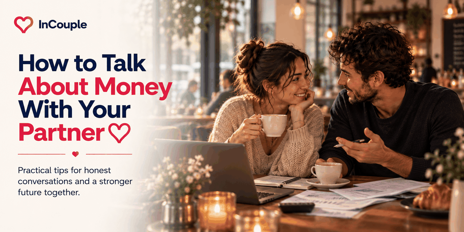 Couple talking calmly about money at the kitchen table