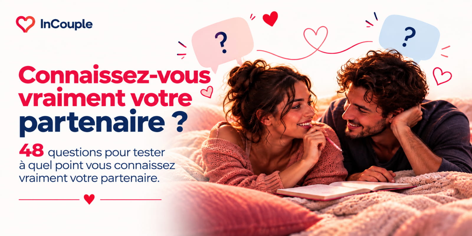 Un couple fait un quiz l’un sur l’autre à la table de la cuisine